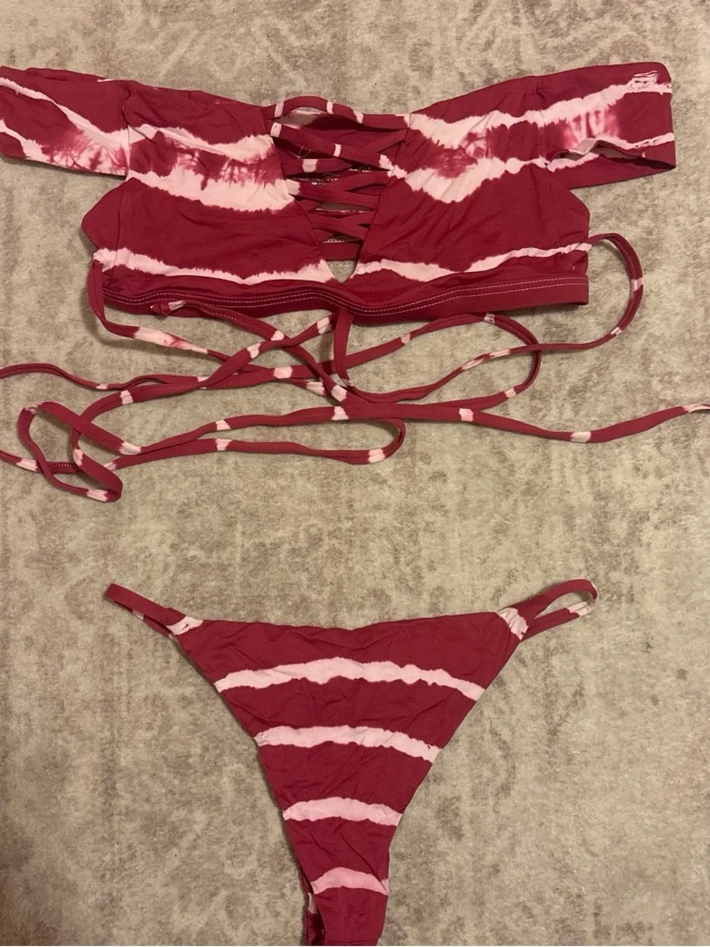 Frankie’s Bikinis Off-Shoulder Maroon Tie-Dye Swim Top and Bottom Bikini Set